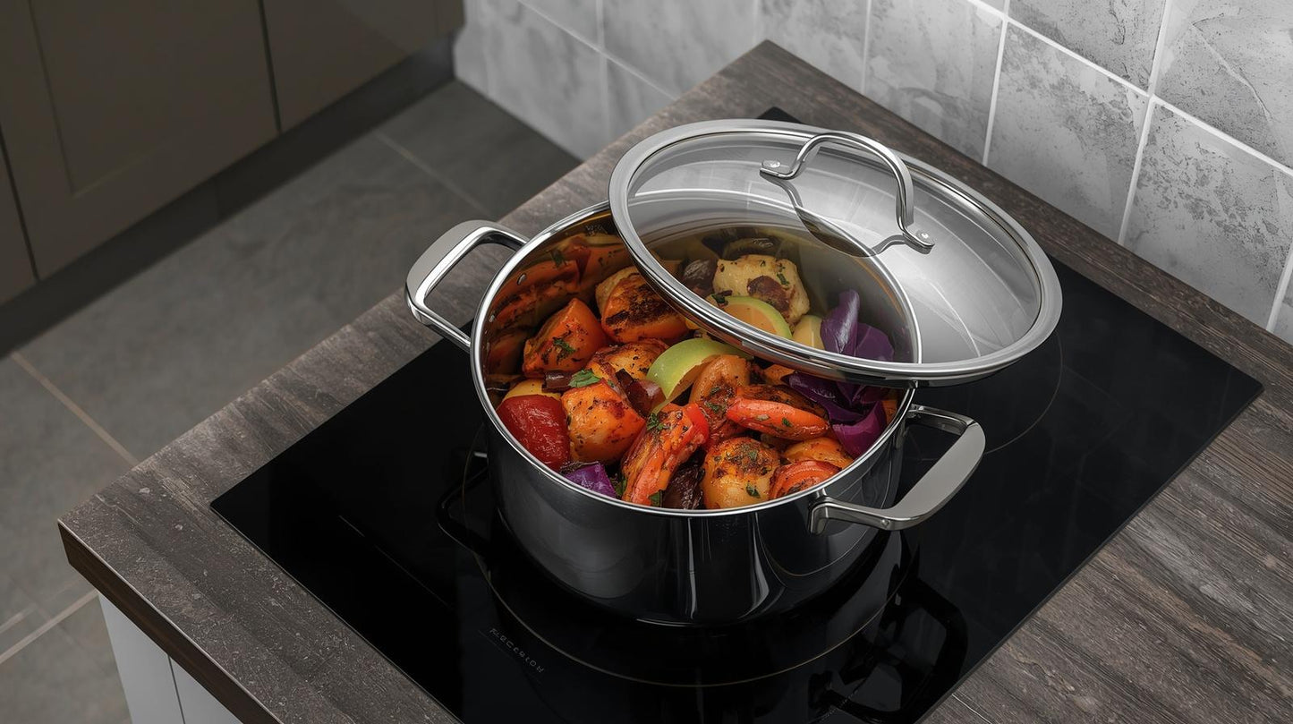 The elegant design of the HomelyOasis 12-Qt. Stainless Steel Tri-Ply Clad Stockpot, a must-have large stainless steel stockpot for any chef.