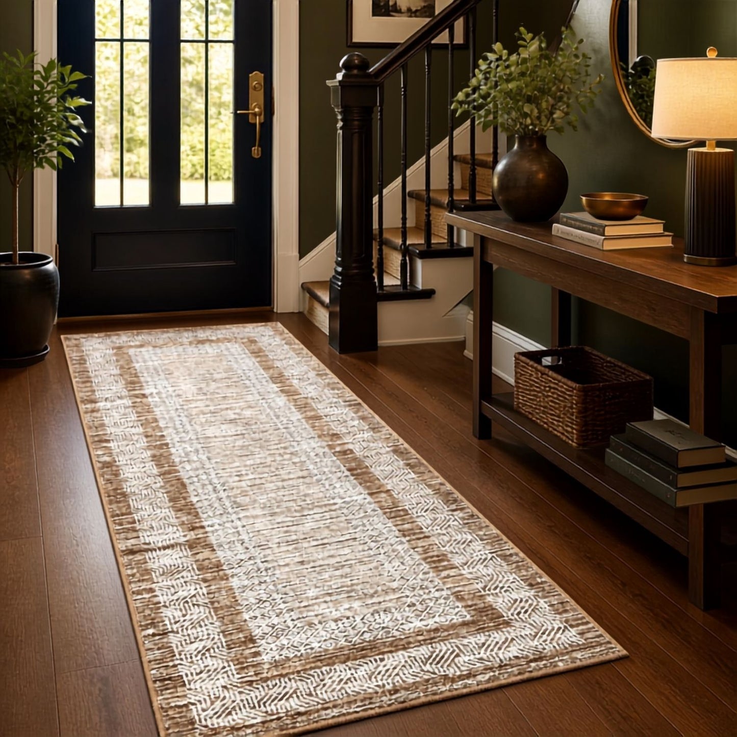 2x6 Brown Geometric Runner Rug, Washable Non-Slip, a foldable washable 2x6 runner rug for modern homes