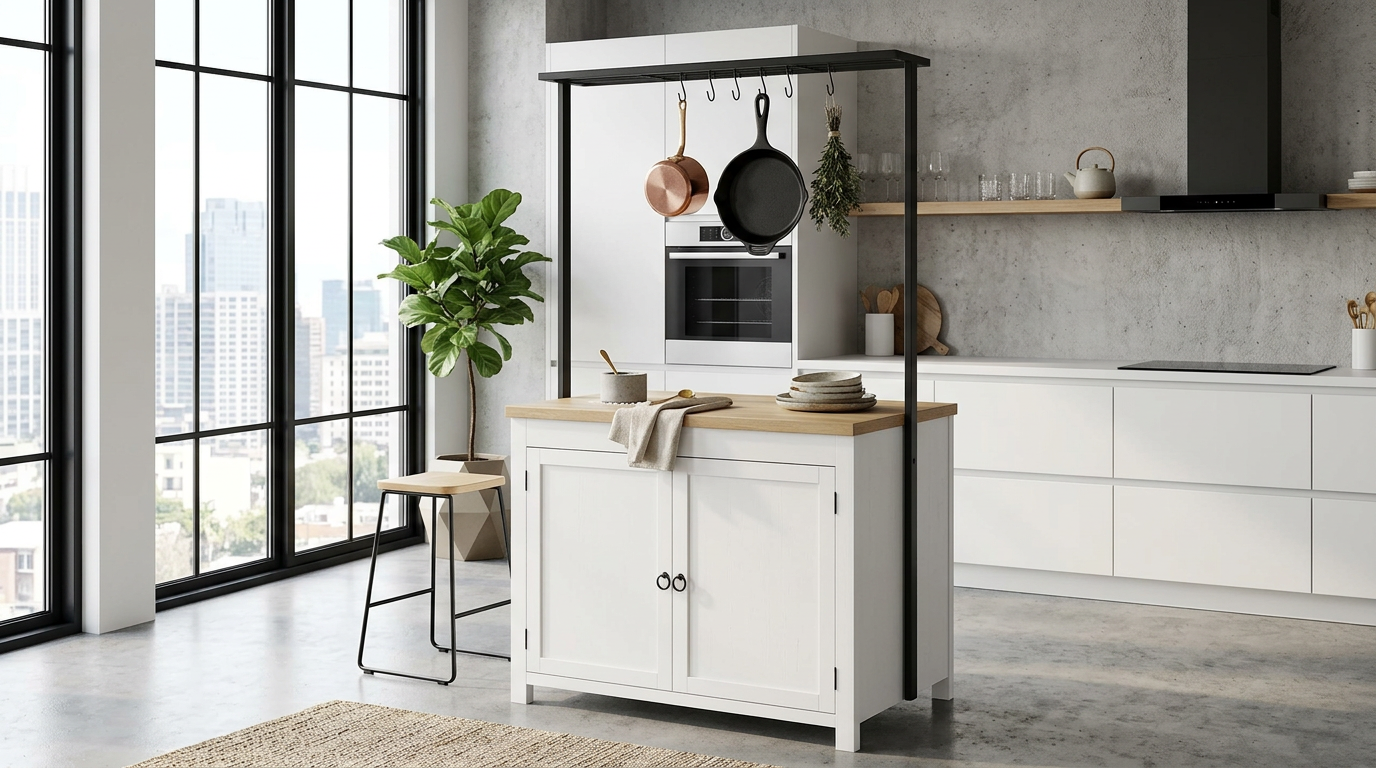 Complete kitchen styling with the Heavy-Duty Kitchen Island with Storage, showing it as an essential heavy-duty kitchen cart.