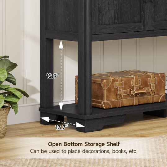 Functional and stylish black console table with engineered wood finish, perfect for organizing and decorating your space.