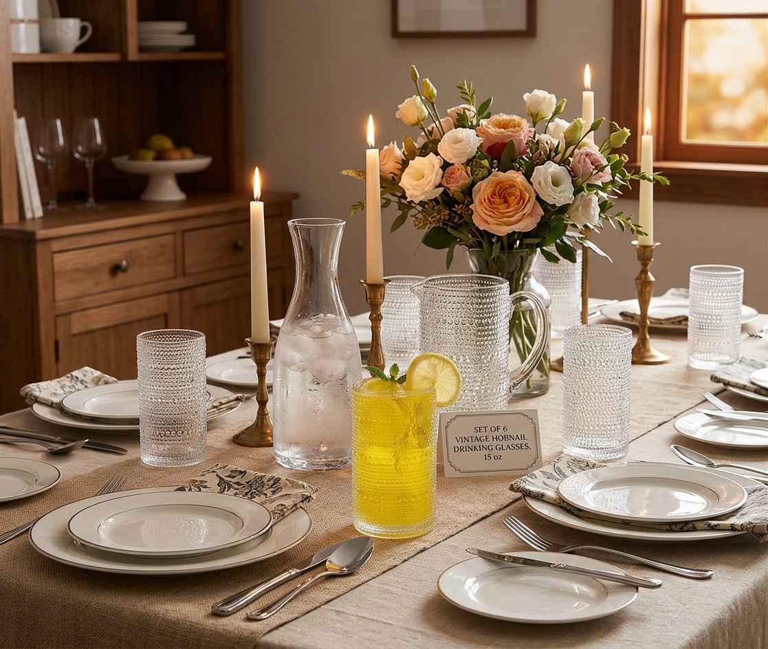 Authentic Vintage Hobnail Glass Drinking Glasses with refreshing drinks, perfect for summer gatherings and vintage hobnail glassware enthusiasts.