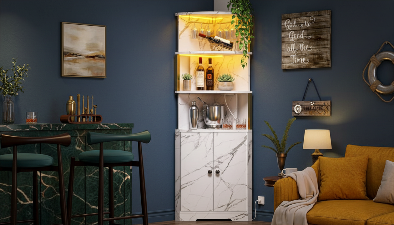 Luxurious design of the Corner Bar Cabinet with marble and gold accents, perfect for entertaining.