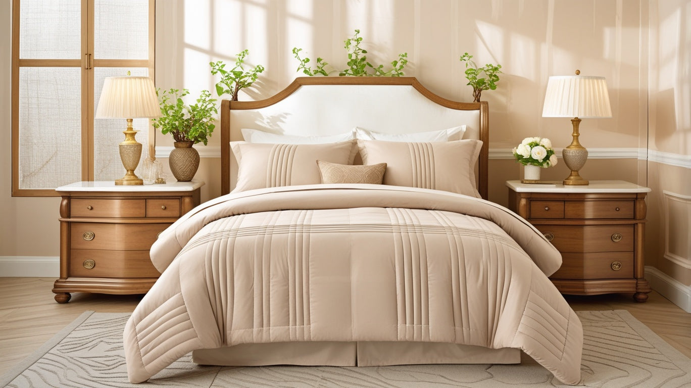 A beautiful display of the apricot beige comforter, featured in the Luxury King Comforter Set, elevating the room's design with sophisticated tones.