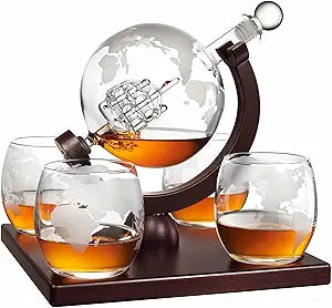 The Ship-in-a Bottle Globe Design Crystal Clear Whiskey Decanter Set w/4 Glasses