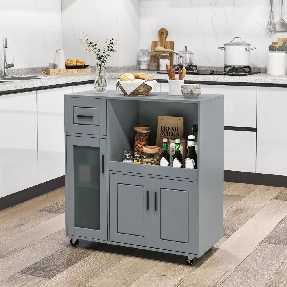 Modern Gray Rolling Kitchen Island Cart with Storage Drawer, Cabinet & Wheels styled with kitchen essentials, illustrating smart storage solutions.