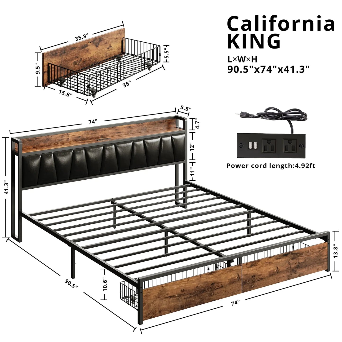 California King Size Platform Bed Frame w/2 Storage Drawers