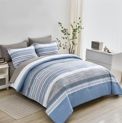 Luxurious Light Blue Blue & White Striped Comforter Set made of soft microfiber bedding, perfect for a stylish and cozy bedroom update.