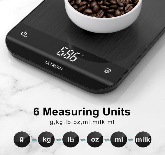 Ultrean Digital Kitchen Food Scale - LED Backlit Display with Tare Function - Brushed Black, compact digital kitchen scale with included AAA batteries