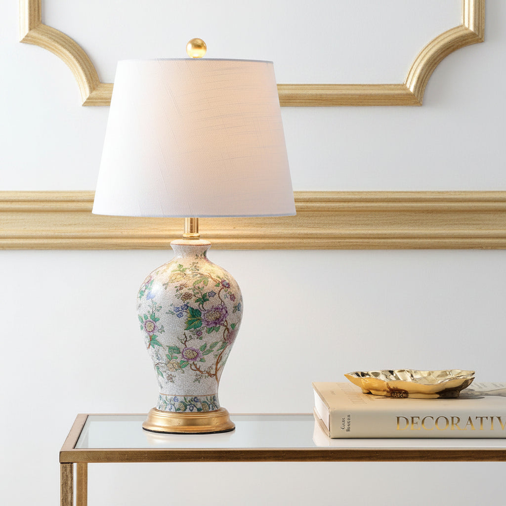 Elegant 24" Multicolor Ceramic Floral LED Table Lamp with Golden Base against a stylish backdrop, highlighting its role as an eye-catching multicolor table lamp.