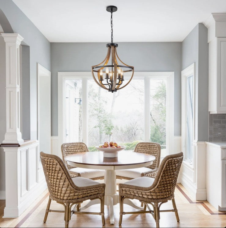 5-Light Farmhouse Lantern Wood Chandelier showcased in a contemporary dining area, enhancing the overall aesthetic.