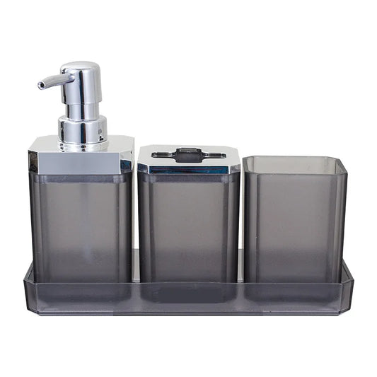 Close-up of the soap dispenser from the 7-Piece Modern Square Acrylic Bathroom Accessory Set with Chrome Accents, highlighting its sleek design as part of this modern bathroom accessory set.