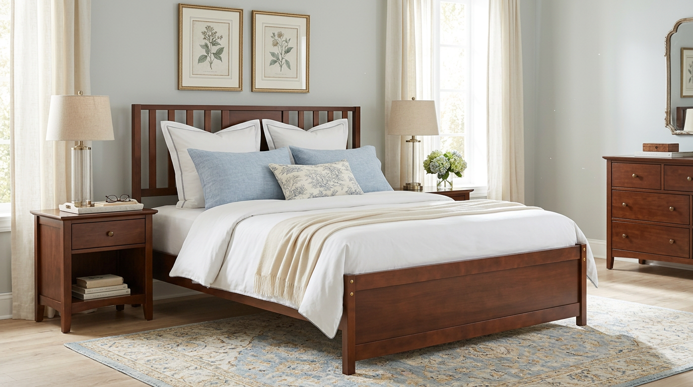 A serene bedroom setup with the Farmhouse Walnut Wooden Platform Bed Frame, reflecting modern rustic style incorporating this walnut bed frame.