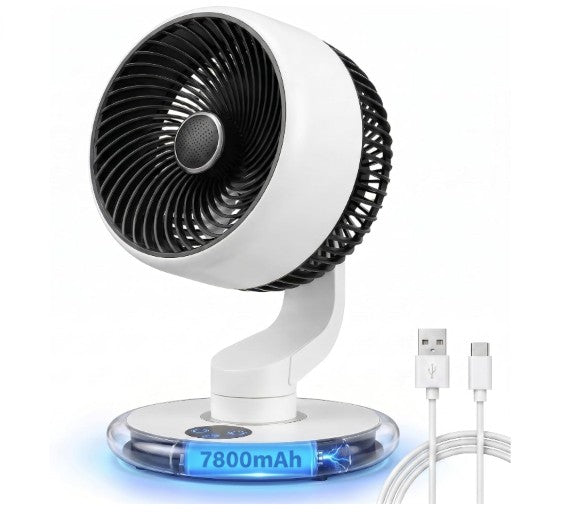 GAITIR Rechargeable Desk Fan - 7800mAh Battery with Smart Touch Display - Black, White, rechargeable desk fan package with charging cord and aroma pad