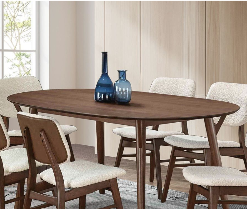 Mid-Century Walnut Oval Dining Table Set designed for 6–8, highlighting its elegant structure and finish.