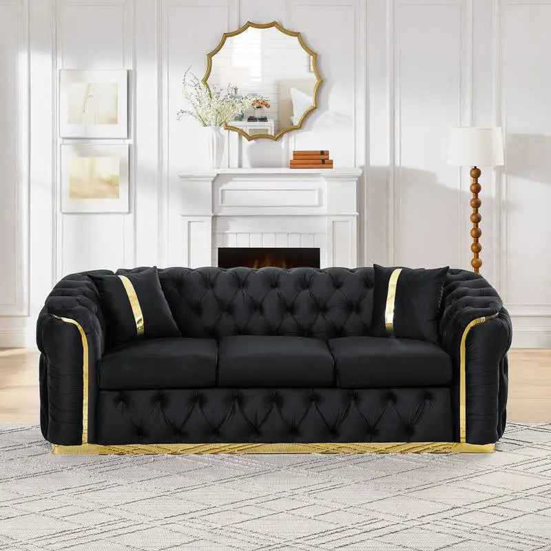 Luxury Black Velvet Button Tufted Sofa w/Gold Stainless Steel Accents