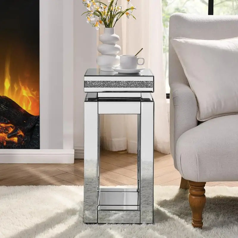 Modern Square 2-Tier Mirrored End Table w/ Crystals Inlay