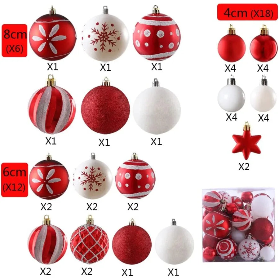 Variety of shapes and sizes included in the 36 Count Shatterproof Ornament Set, enhancing holiday decorations effortlessly.