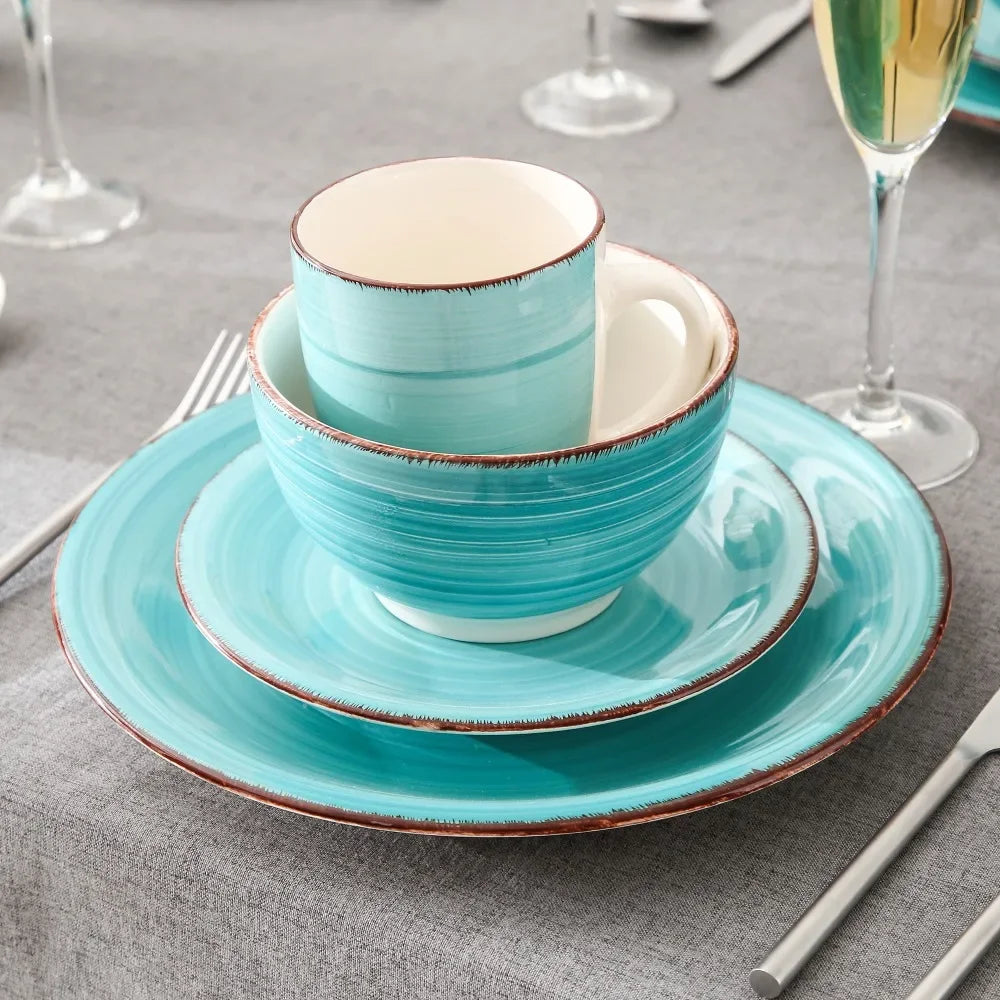 16-Piece Vintage Turquoise Ceramic Dinnerware Set
