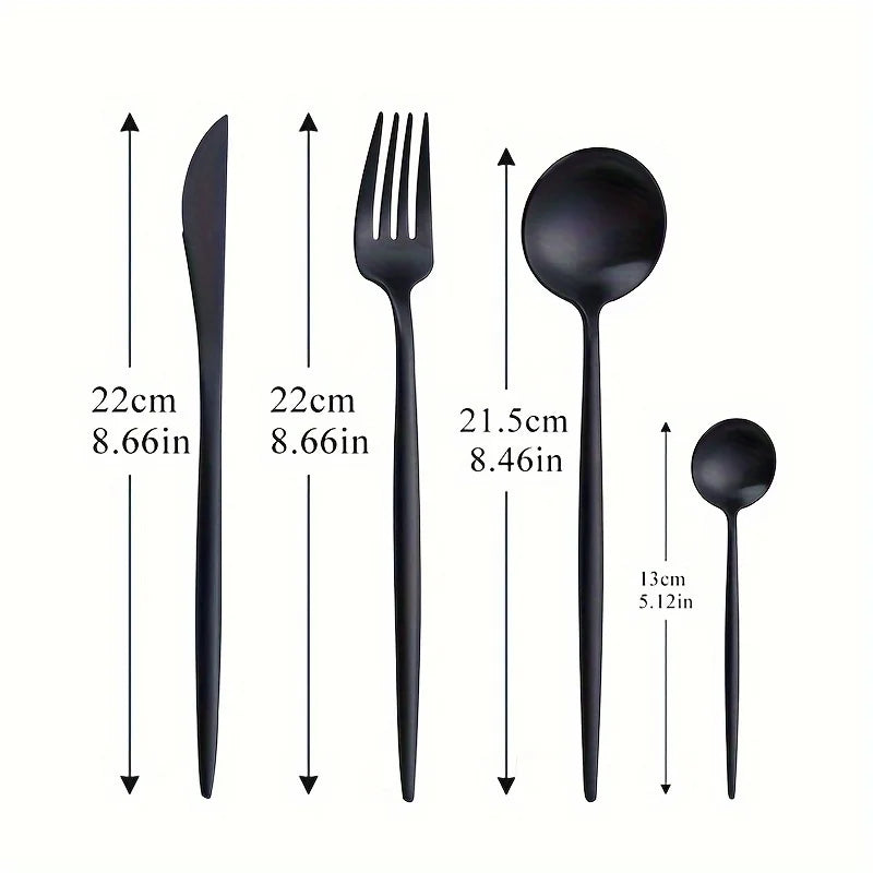 Complete set of forks, knives, and spoons from the 24-Piece Matte Black Stainless Steel Flatware Set for 6, highlighting the sophisticated matte black flatware set.