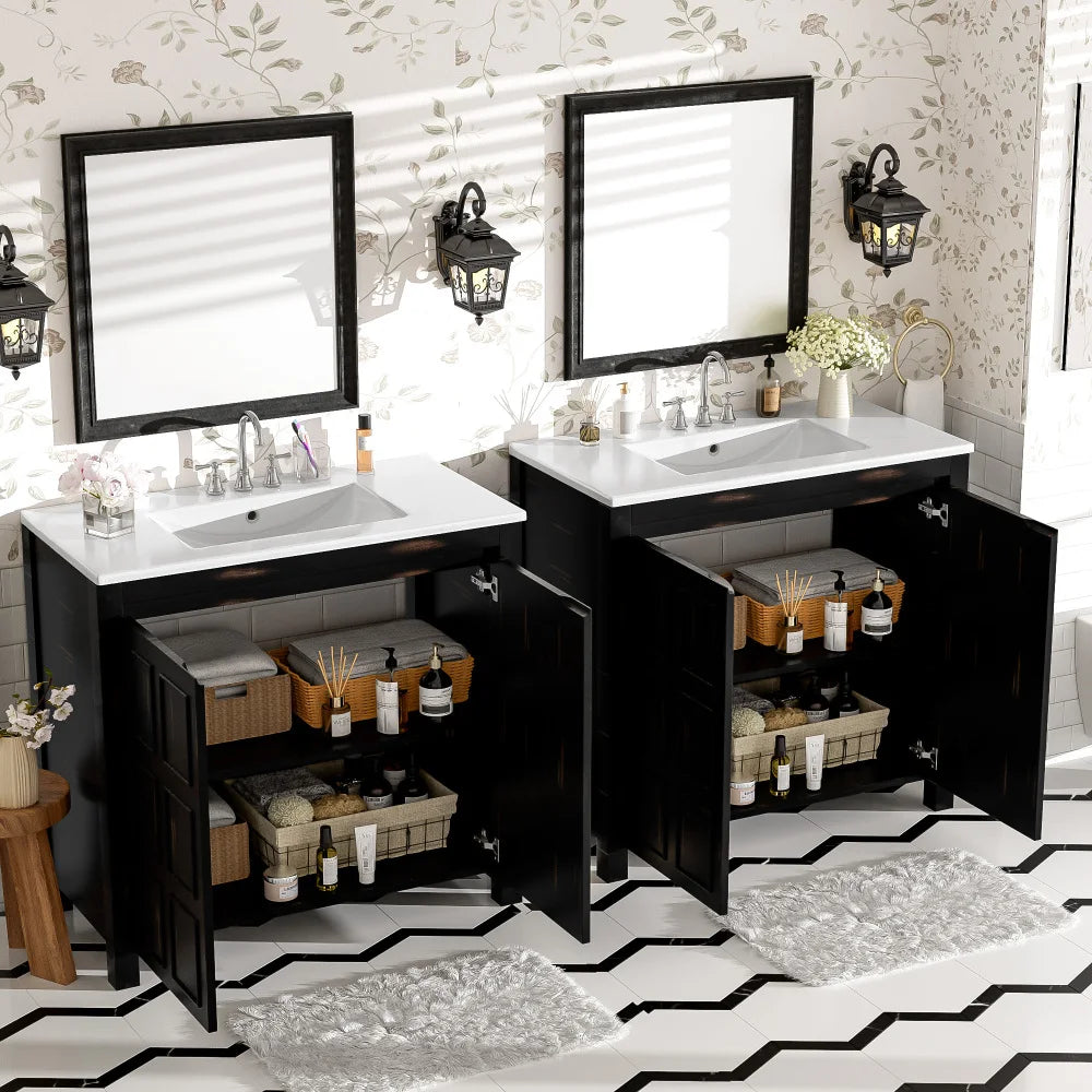 72" Bathroom Vanity Set with Double Vanities (Separate), Double Ceramic Sinks, Soft-Close Doors & Adjustable Shelf – Retro