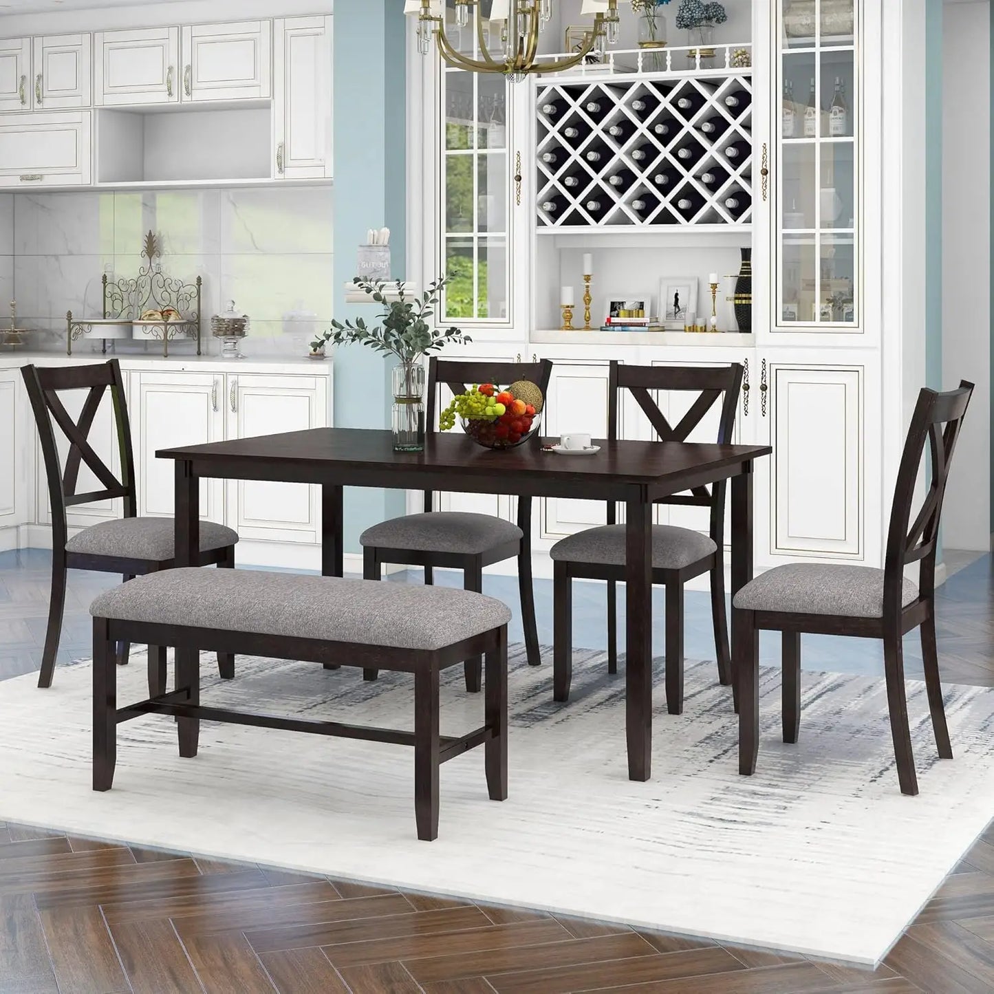 Family dining moment around the Retro 6-Piece Wood Dining Table Set for 6, perfect for creating lasting memories.