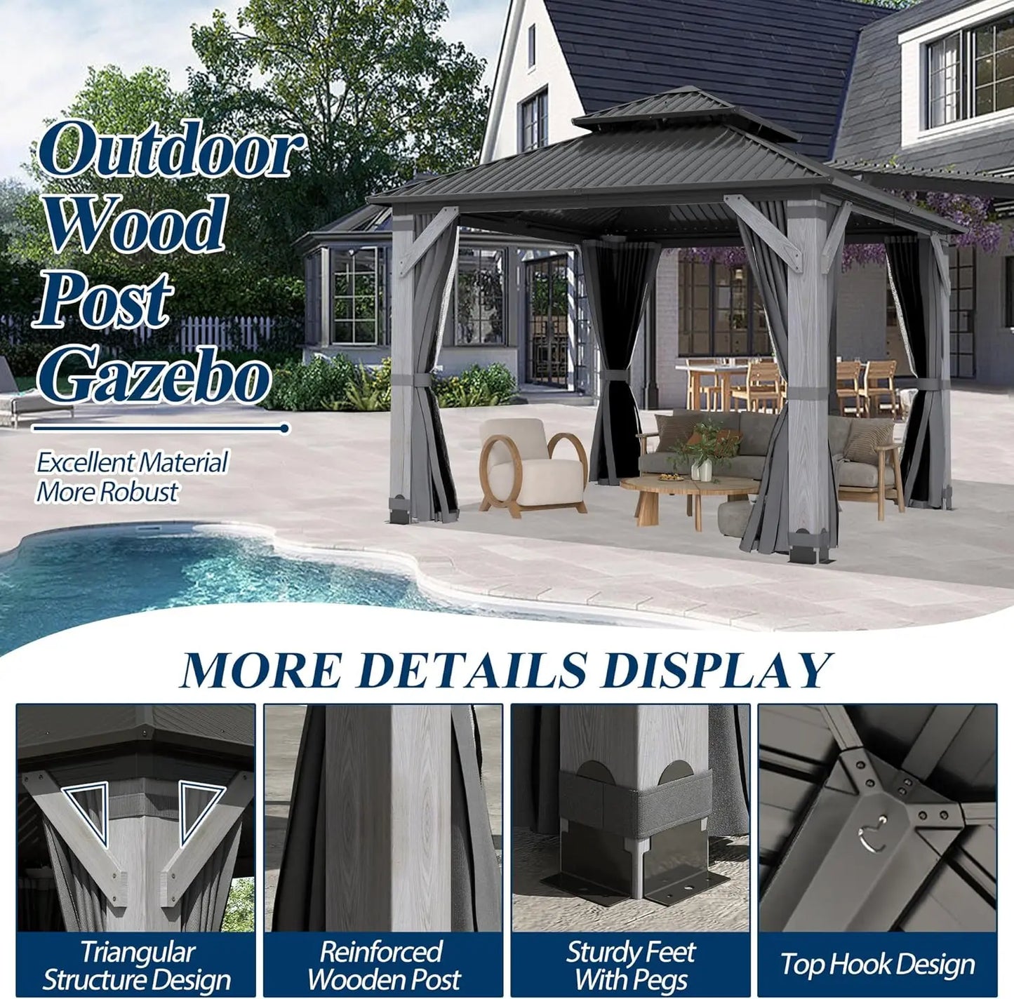 10 x 10 Gray Outdoor Wood Post Gazebo