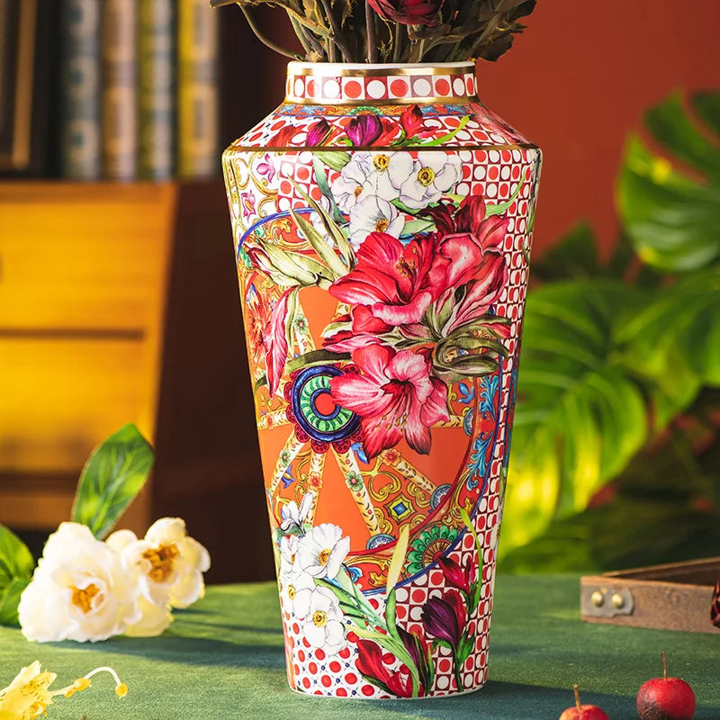 Colorful Ceramic Flower Vase with Gold Accents, a stylish addition to any living room or dining area decor.