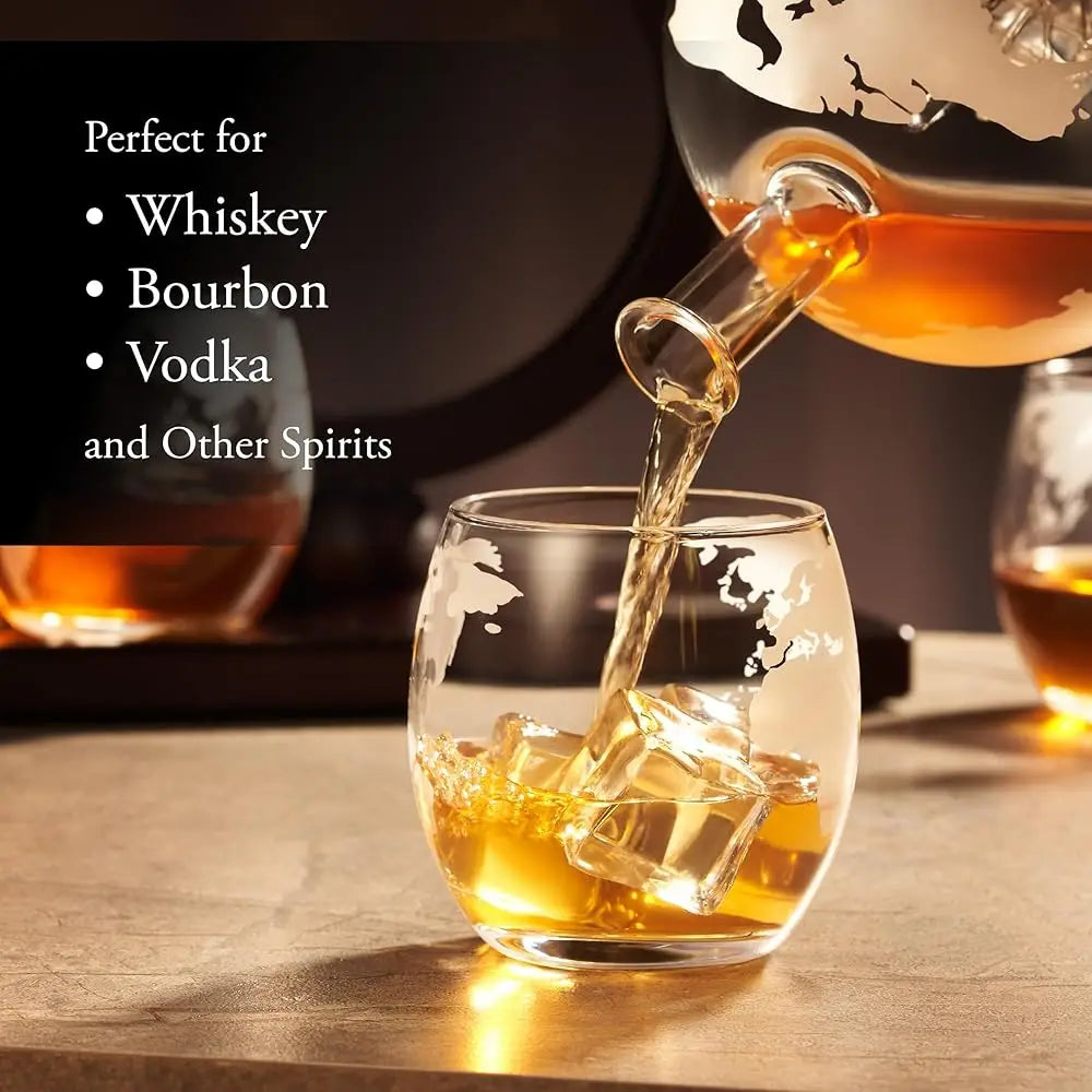 The Ship-in-a Bottle Globe Design Crystal Clear Whiskey Decanter Set w/4 Glasses