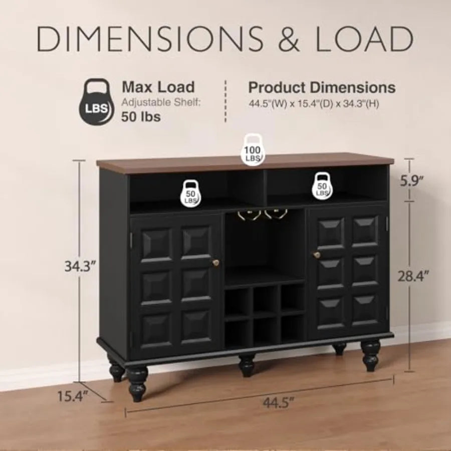 Vintage Style Black Wine Bar Cabinet w/Integrated Wine Rack and Glass Holder