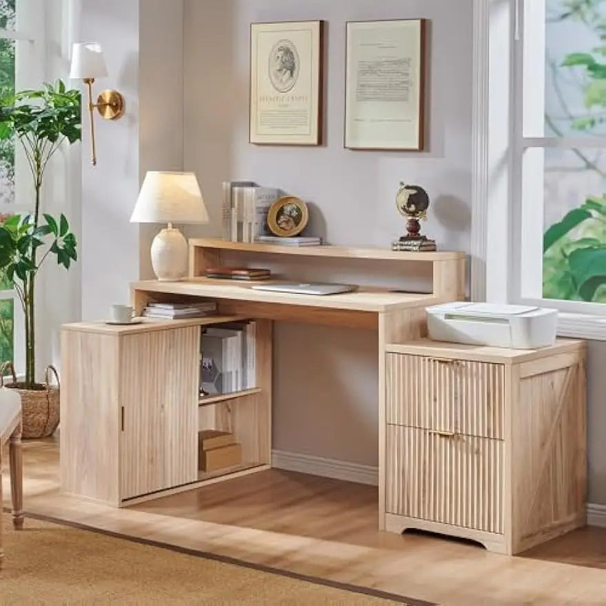 Modern L-shaped Fluted Credenza Desk w/Storage Cabinet & Drawers