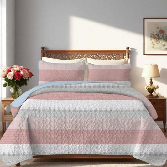 Pink and White Striped Quilt Set, Lightweight All-Season Bedspread with Pillow Shams for Queen & King Beds shown as a soft pink striped quilt bedding set