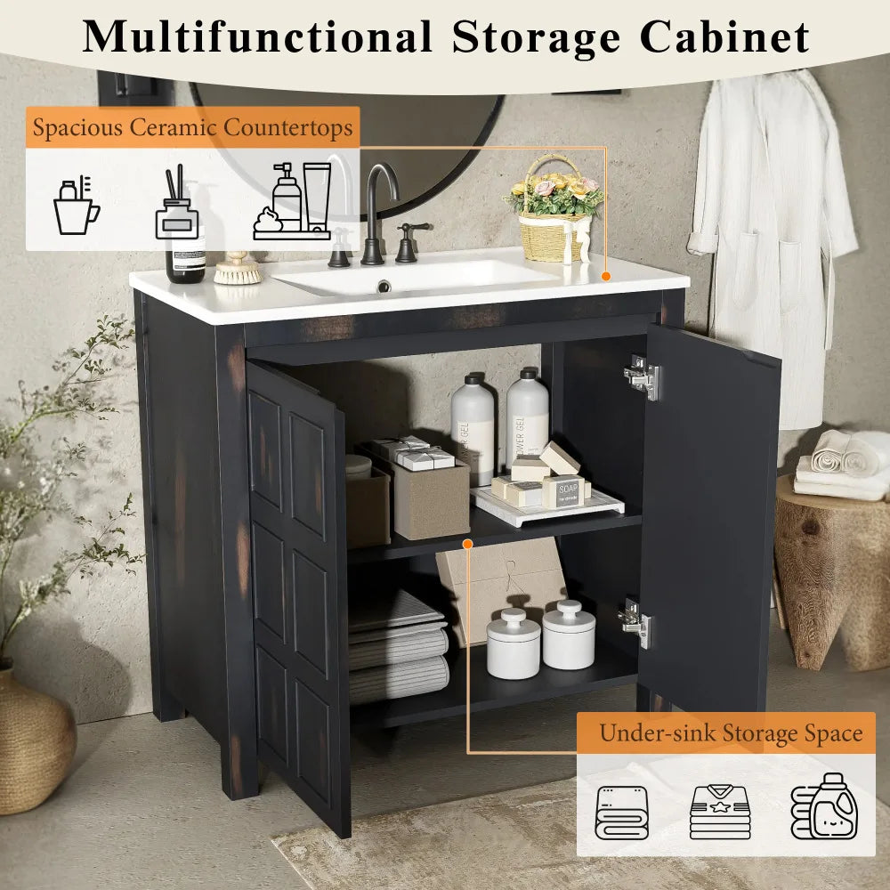 Classic Retro 72" Double Bathroom Vanity w/Double Ceramic Sinks
