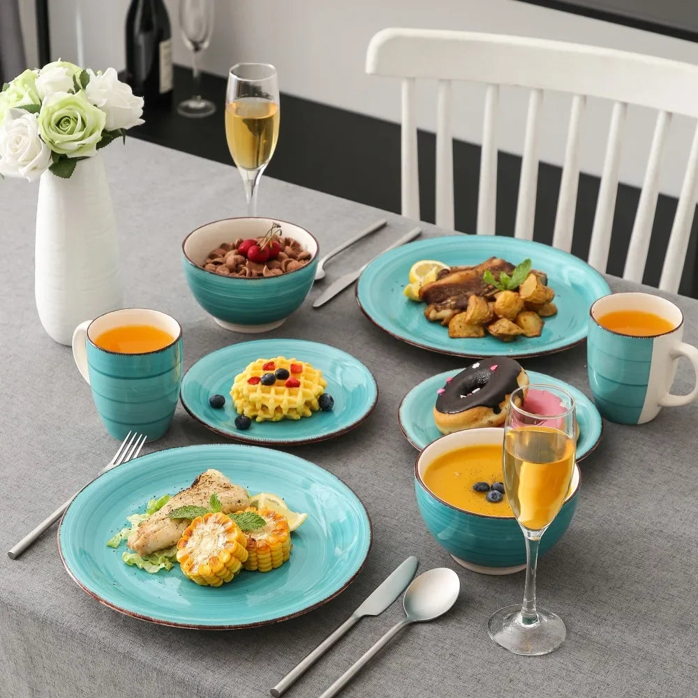 16-Piece Vintage Turquoise Ceramic Dinnerware Set