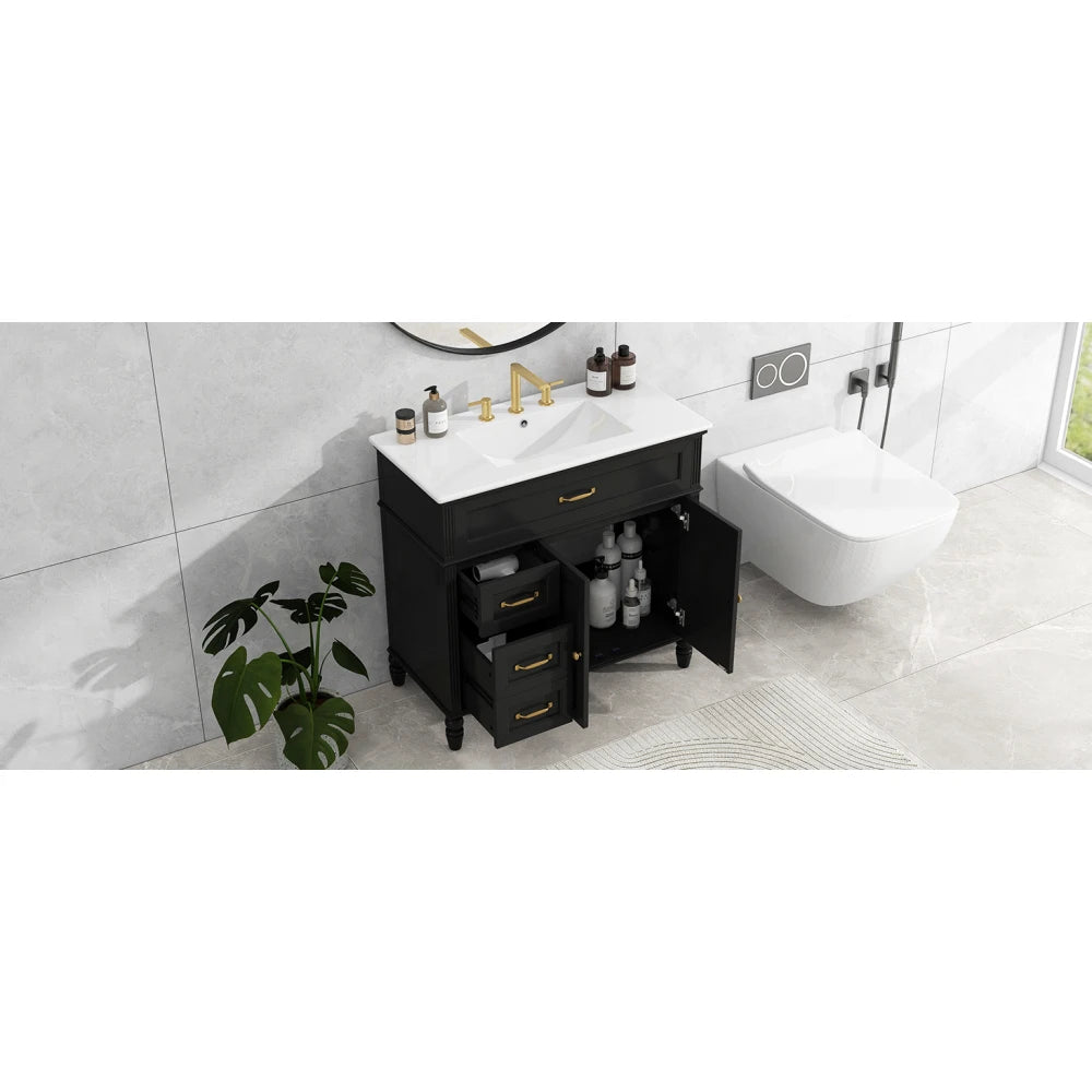 Freestanding 36" Black Bathroom Vanity w/Retro Gold Handles & Ceramic Sink