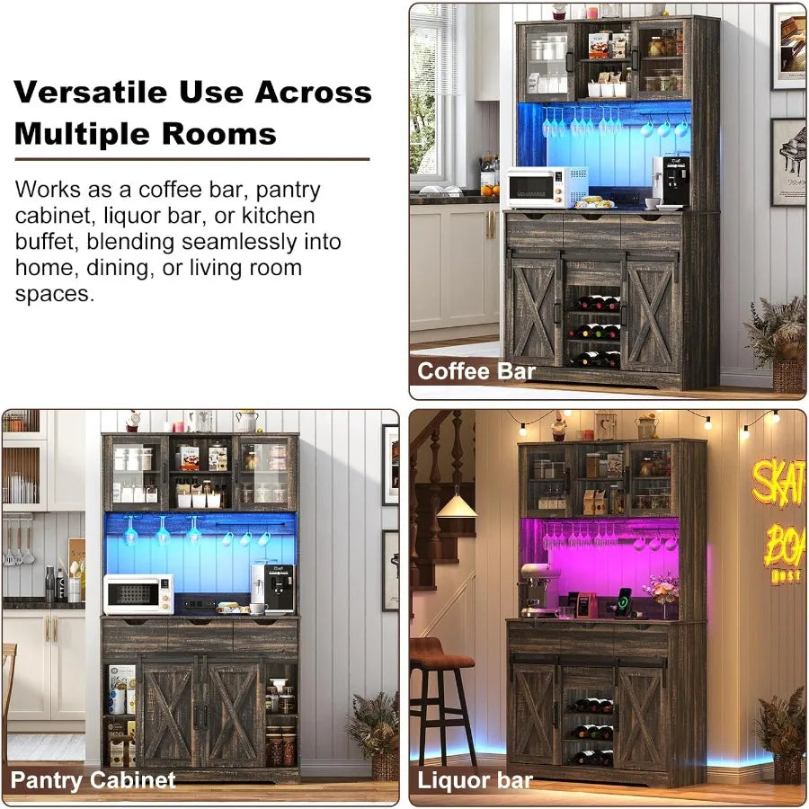Farmhouse Coffee Bar Cabinet/Liquor Bar/Pantry Cabinet w/RGB Lights