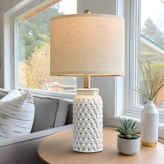 Chic and stylish Set of 2 Modern 20.5" White Ceramic Bedside Lamps from HomelyOasis, ideal modern ceramic bedside lamps for contemporary and farmhouse themed interiors.