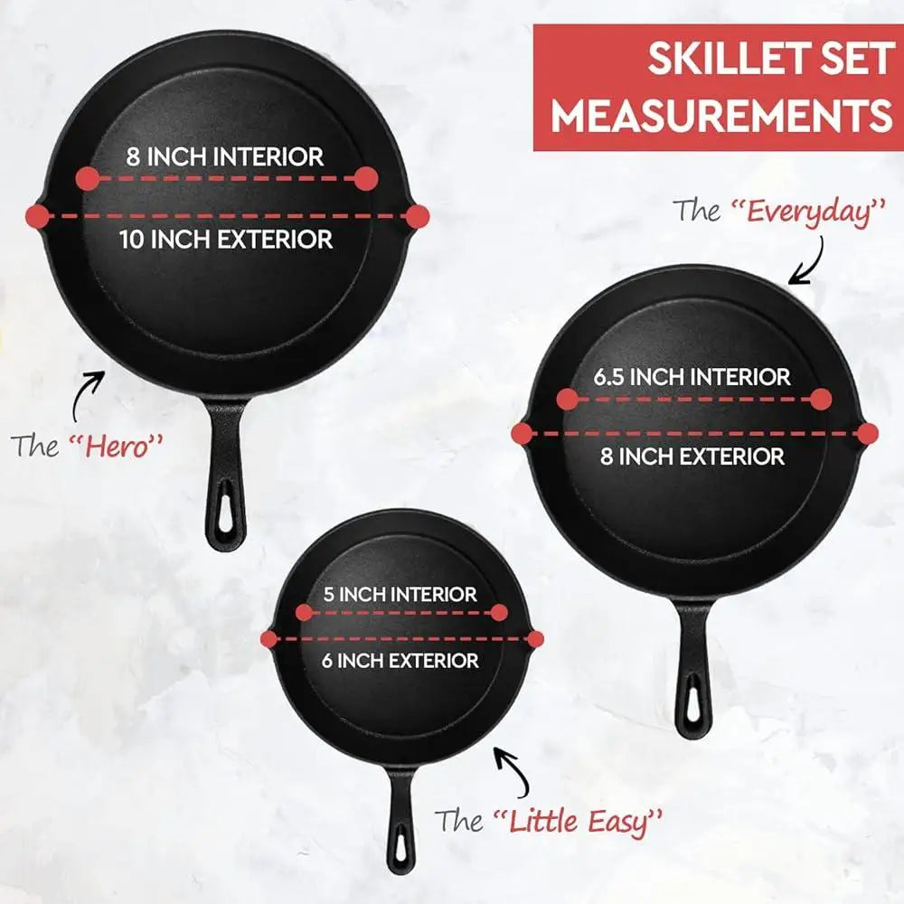 Heavy Duty Cast Iron 3-Piece Pre-seasoned Skillet Set