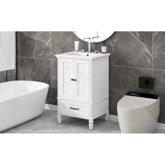 Close-up of the Semilune Ceramic Sink on the 20" Freestanding White Bathroom Vanity.