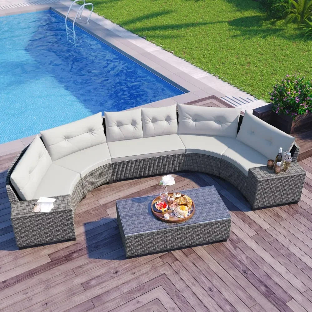 8-Piece Outdoor Half-Moon Wicker Sofa Set