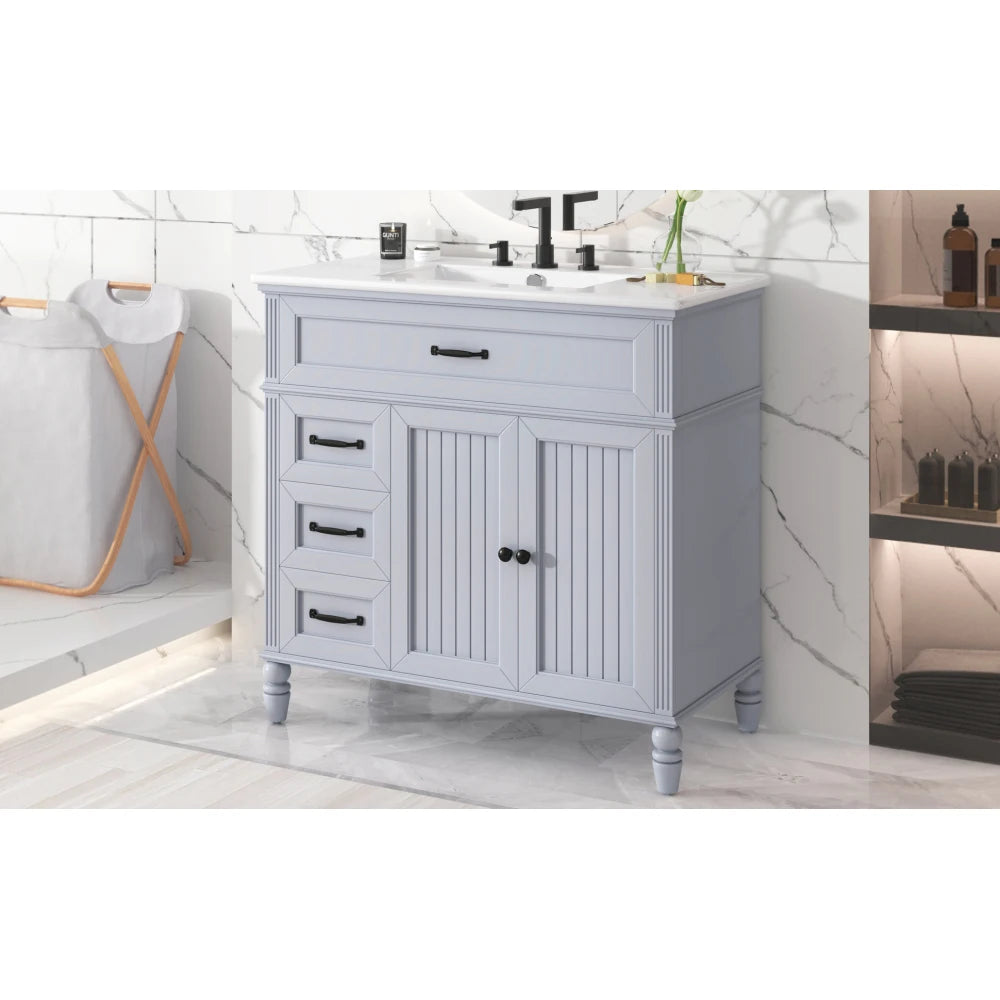 Freestanding 36" White Bathroom Vanity w/Ceramic Sink