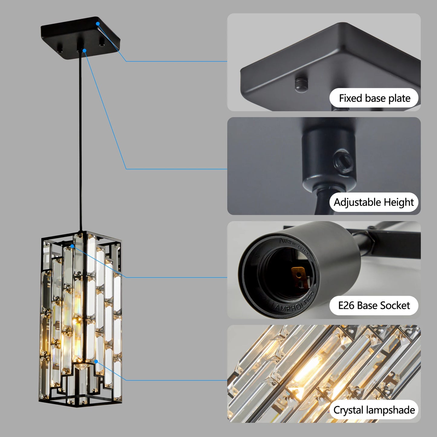Modern Black Finish Crystal Pendant Light- Pack of 3