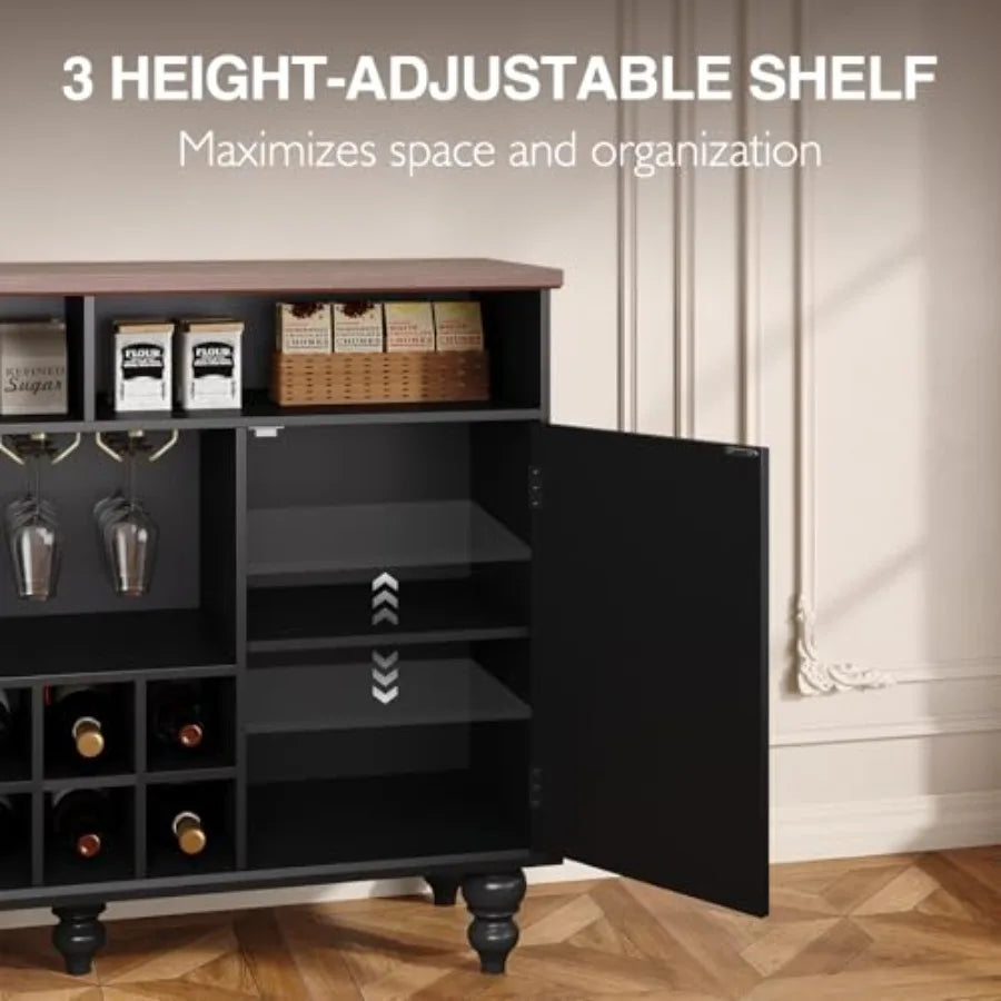 Vintage Style Black Wine Bar Cabinet w/Integrated Wine Rack and Glass Holder