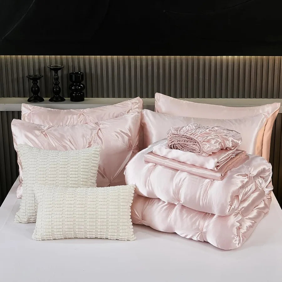 Aesthetic 10-piece King Size Pink Satin Comforter Set