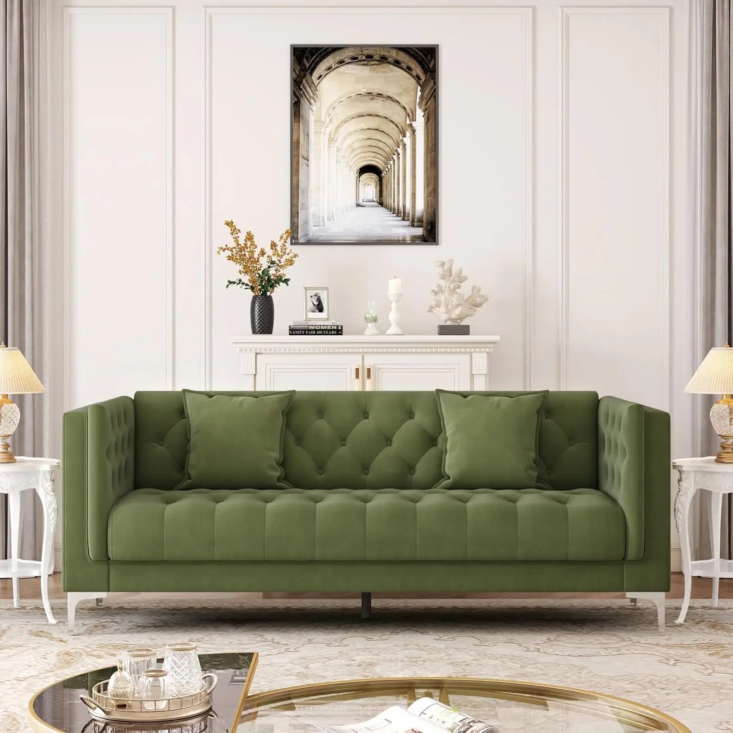 Versatile Mid-Century Modern Leather Tufted Sofa w/2 Throw Pillows
