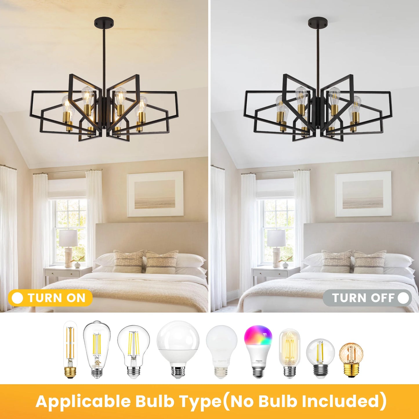 Modern 8-Light Geometric Black Frame Chandelier w/Gold Accents