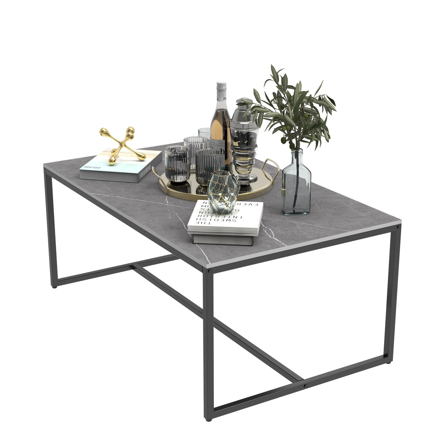Rectangular Sintered Stone Coffee Table w/Black Metal Frame