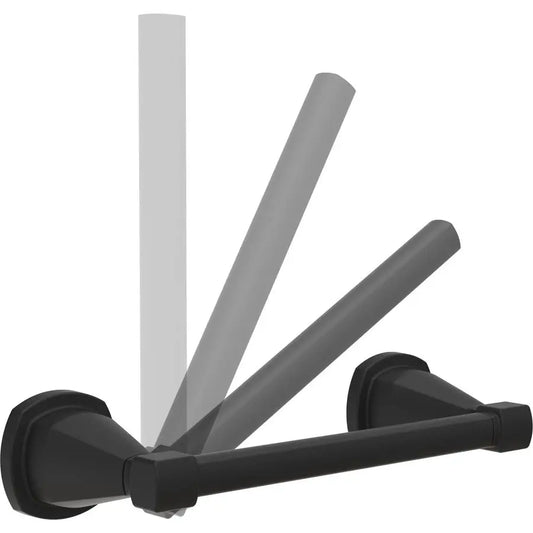 Close-up view of the Wall Mount Pivot Arm Matte Black Toilet Paper Holder showing its robust design and matte black finish.