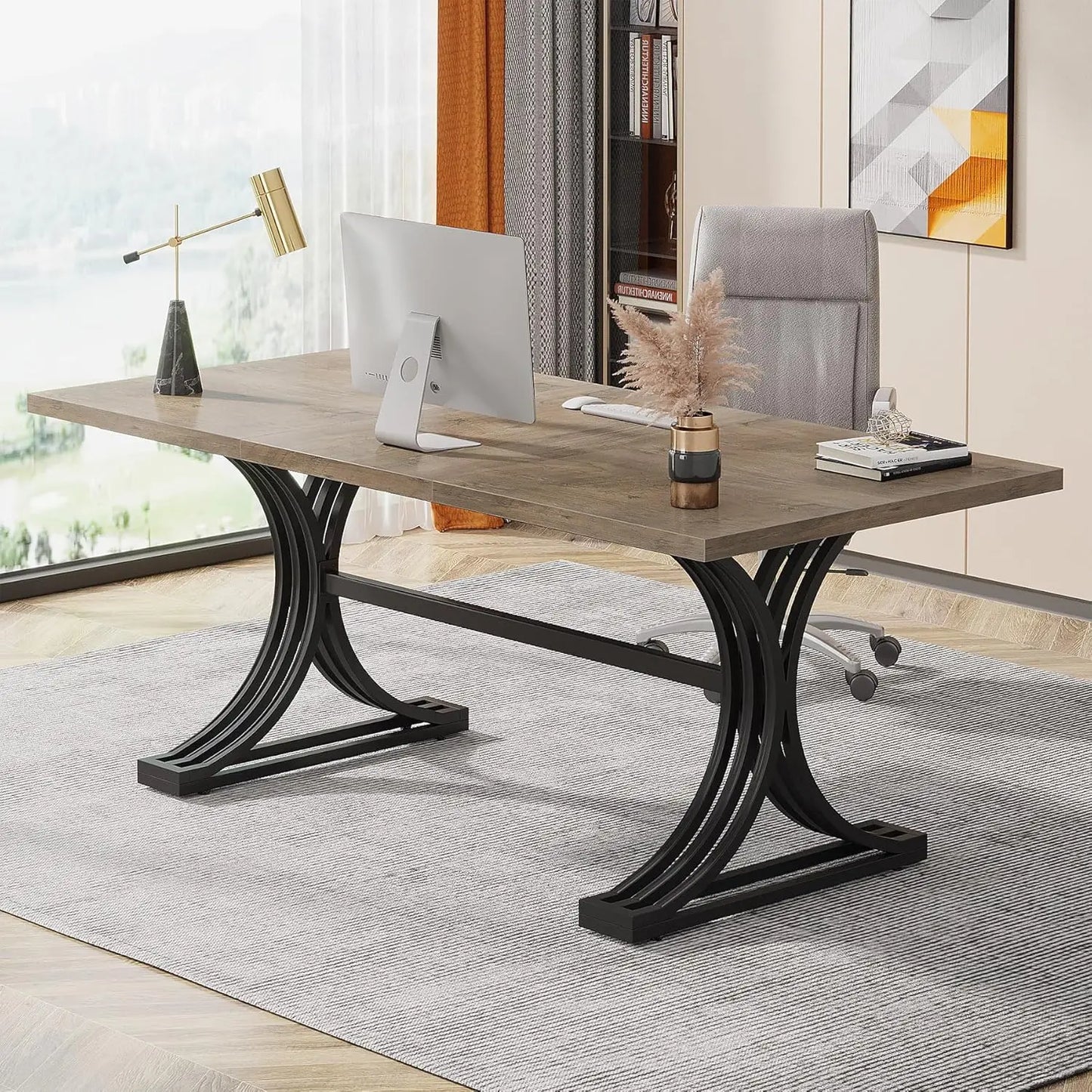 Modern Rectangular Faux Marble Table Top Executive Desk