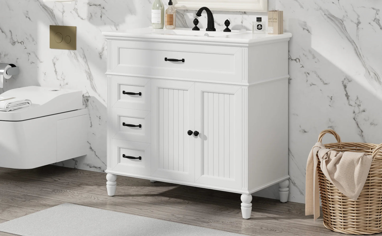 Freestanding 36" White Bathroom Vanity w/Ceramic Sink