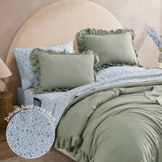 Luxury Sage Green Ruffle Comforter Set – 7-Piece Farmhouse Bedding with Sheets, Soft Elegant All-Season Bed Set